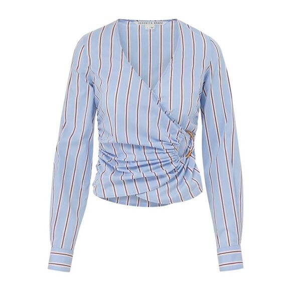 Veronica Beard Aero Blue Brick Multi Ozzie Striped Faux Wrap Top Size 2 NWT - Picture 5 of 7